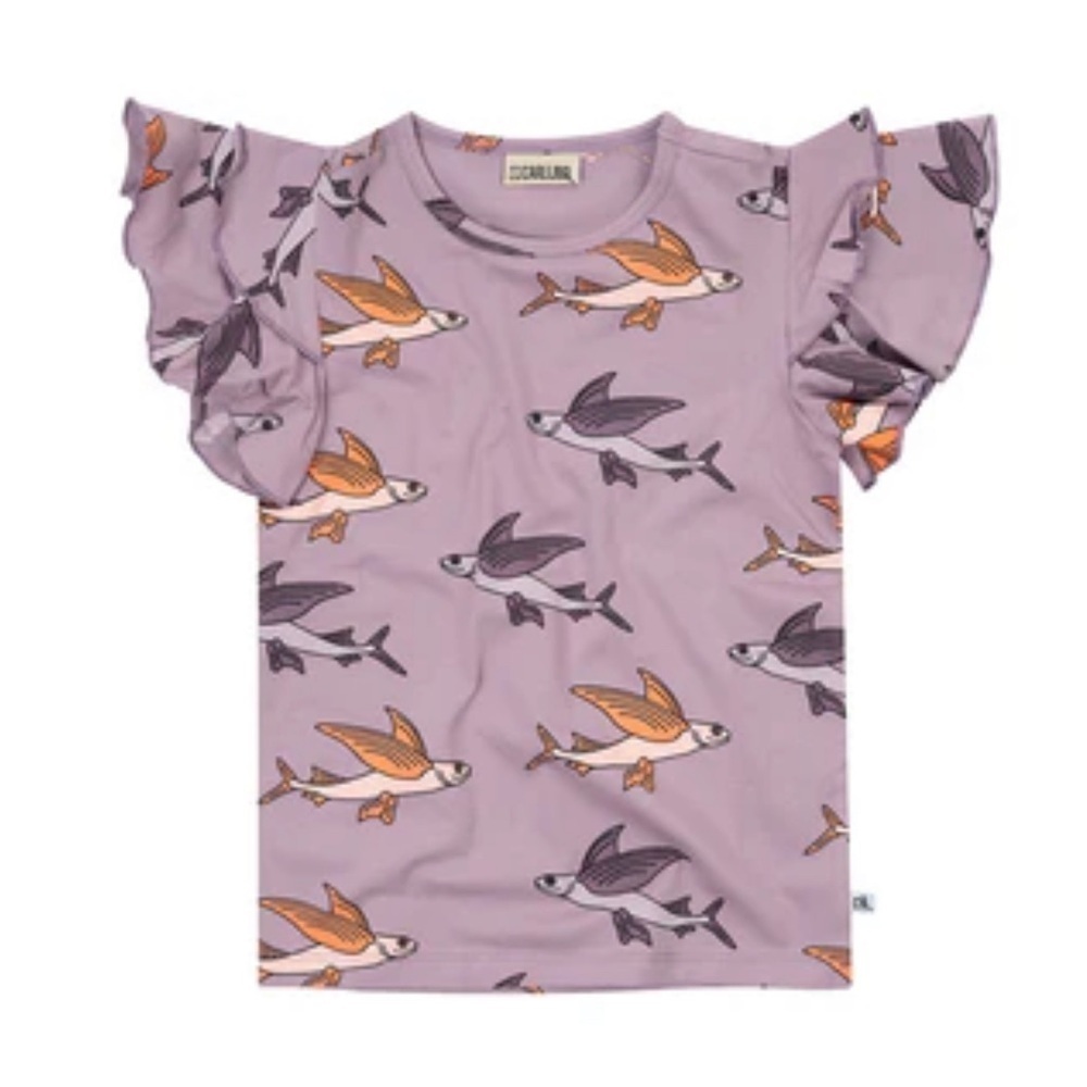 Kids' Ruffle Sleeve Top with Flying Fish Design - Lavender by Carlijnq